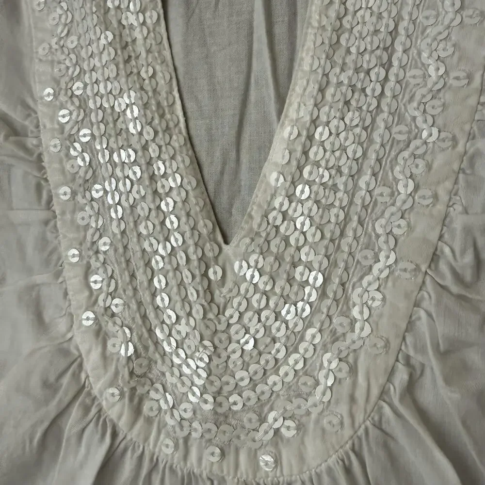 Talbots Blouse Womens Large White Sequin V Neck 3/4 Sleeve Tunic Top Cotton - Picture 3 of 9